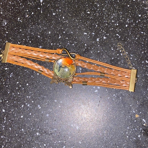 Brown Faux Leather Bracelet w Hand Painted Alcohol Ink Art Under Domed Glass - Picture 2 of 2